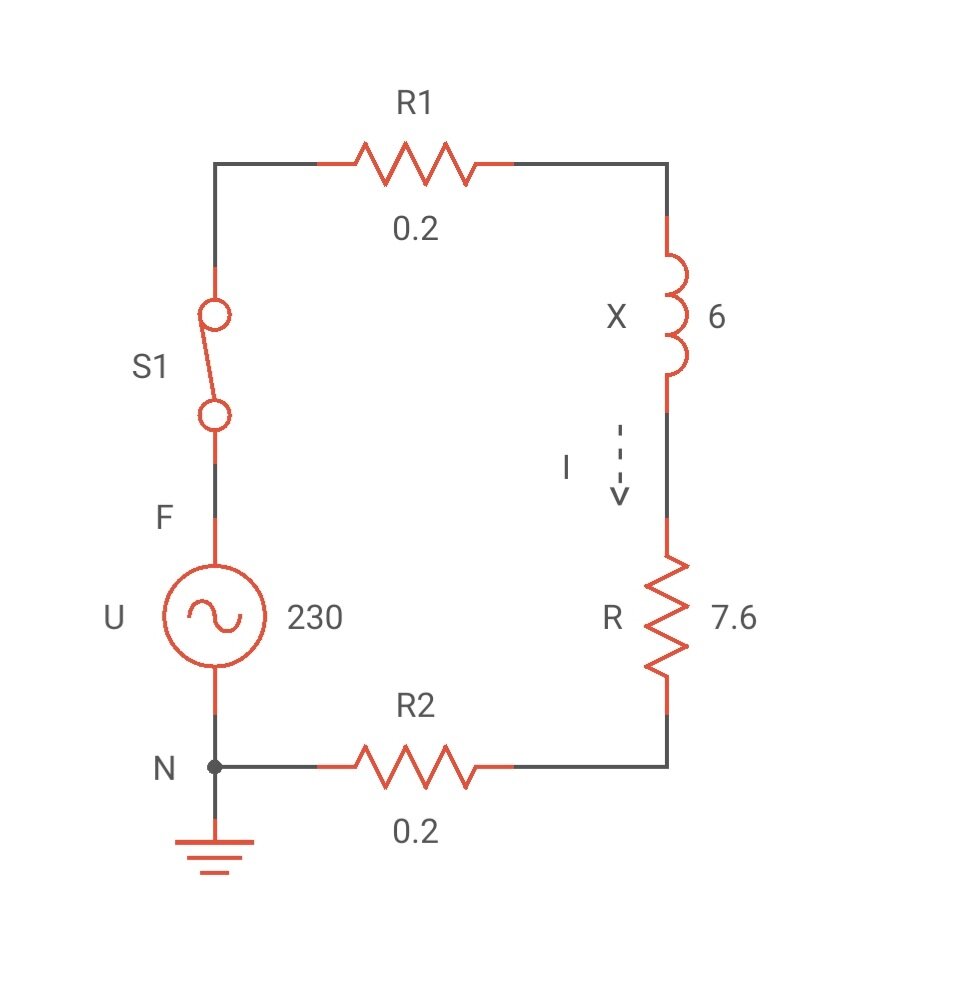 рис.1                   R1 - активное сопротивление фазного проводника, R2 - активное сопротивление нейтрального проводника, R - активное сопротивление нагрузки, X - индуктивное сопротивление нагрузки.