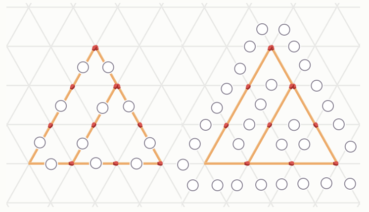 Задание 1.
Из нескольких спичек выложена фигура, как показано на рисунке. Сейчас тут можно увидеть два треугольника —— со стороной в 2 спички и со стороной в 3 спички.-2