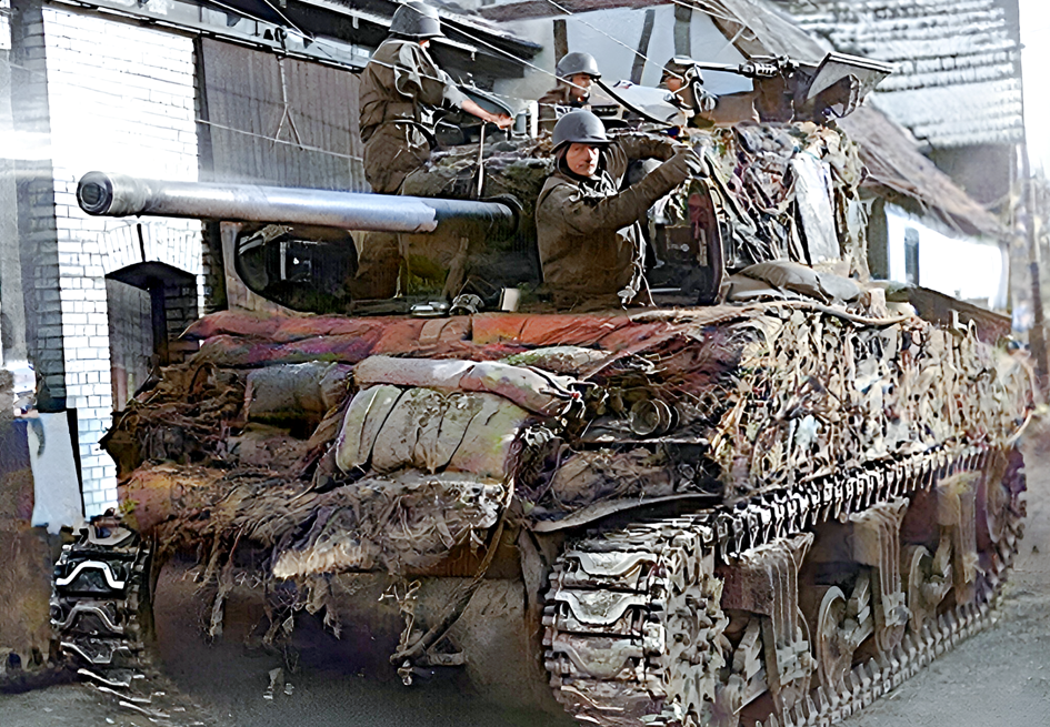 M4 Sherman, замаскированный сеткой, Франция, 1944 г.