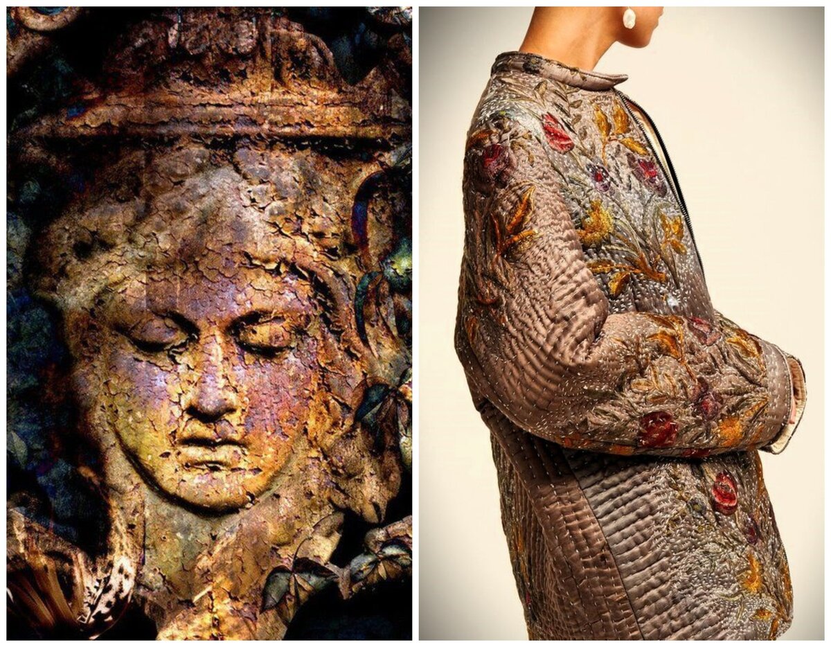 1. Старинный маскарон и жакет из старинного шёлка с современной вышивкой от лондонского бренда By Walid. Иллюстрации взяты в открытых источниках в сети. Коллажи авторские.