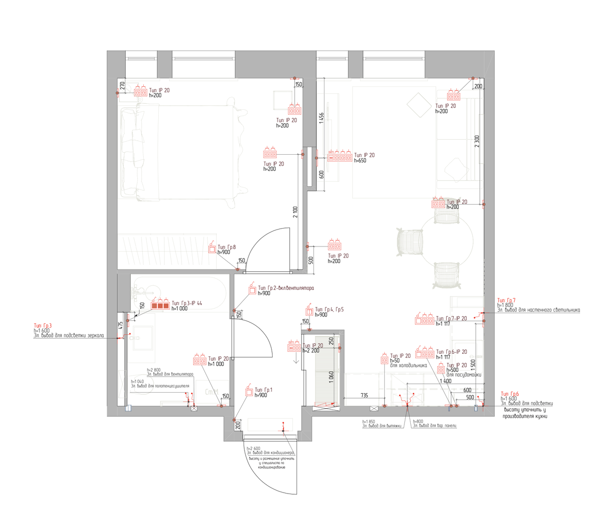 План с розетками и электровыводами