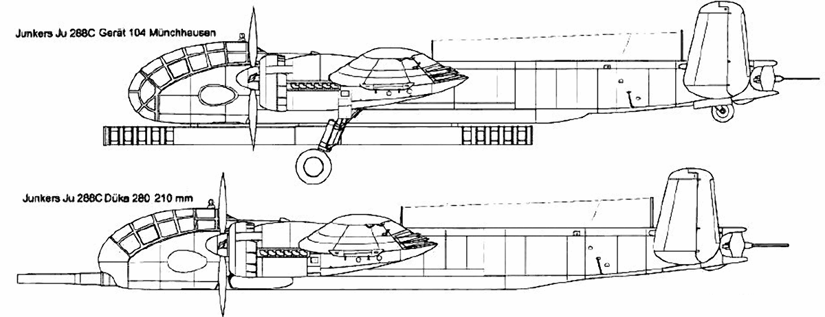  Бомбардировщик Ju 288 с 356-мм (верхний) и 280-мм (нижний) безоткатным орудием