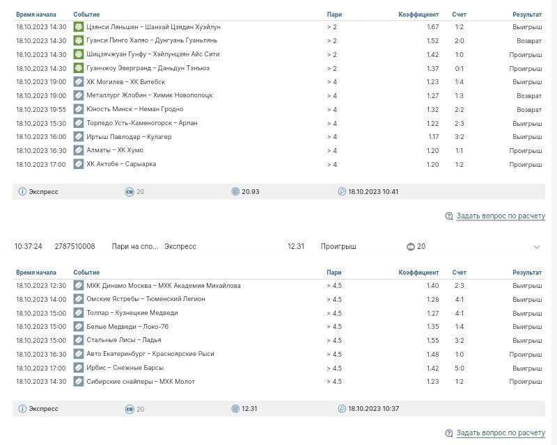 Скрины рассчитанных ставок. 