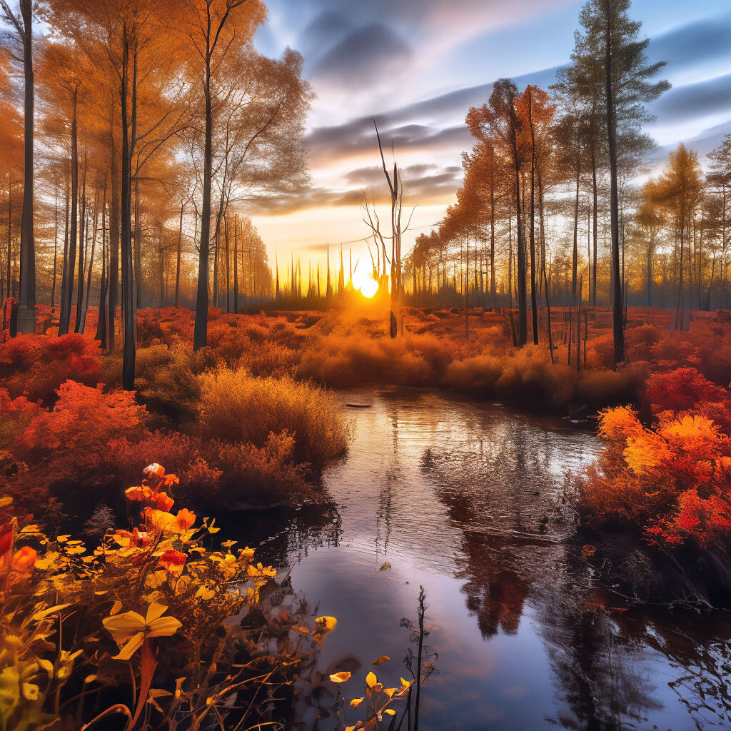 Осенний лес, закат, болотце. Нейросеть Шедеврум.