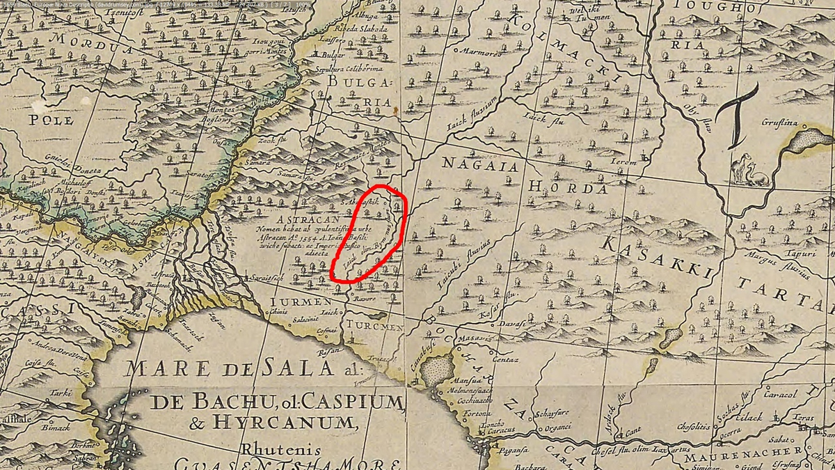 Река Яик на карте Ивана Грозного. Poloniae et Vngariae Nova descriptio. ( Basle, 1550).