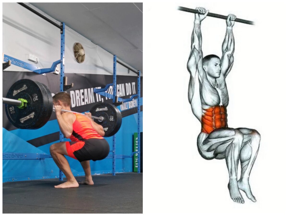 Приседания мы рассматриваем, в первую очередь, как разгибания таза. А значит противодействием будет сгибание. Подъем ног в висе будет отличным вариантом. Плюс и там и там нужно чётко контролировать положение позвоночника. 