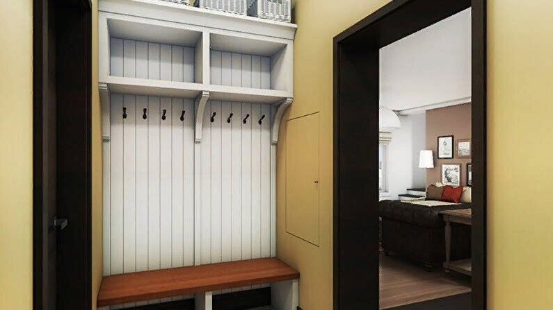 Над вешалкой можно организовать шкафы для хранения головных уборов, зонтов, сумок и т.д. А снизу поставить тумбу, на которой можно будет хранить обувь и переодеваться.