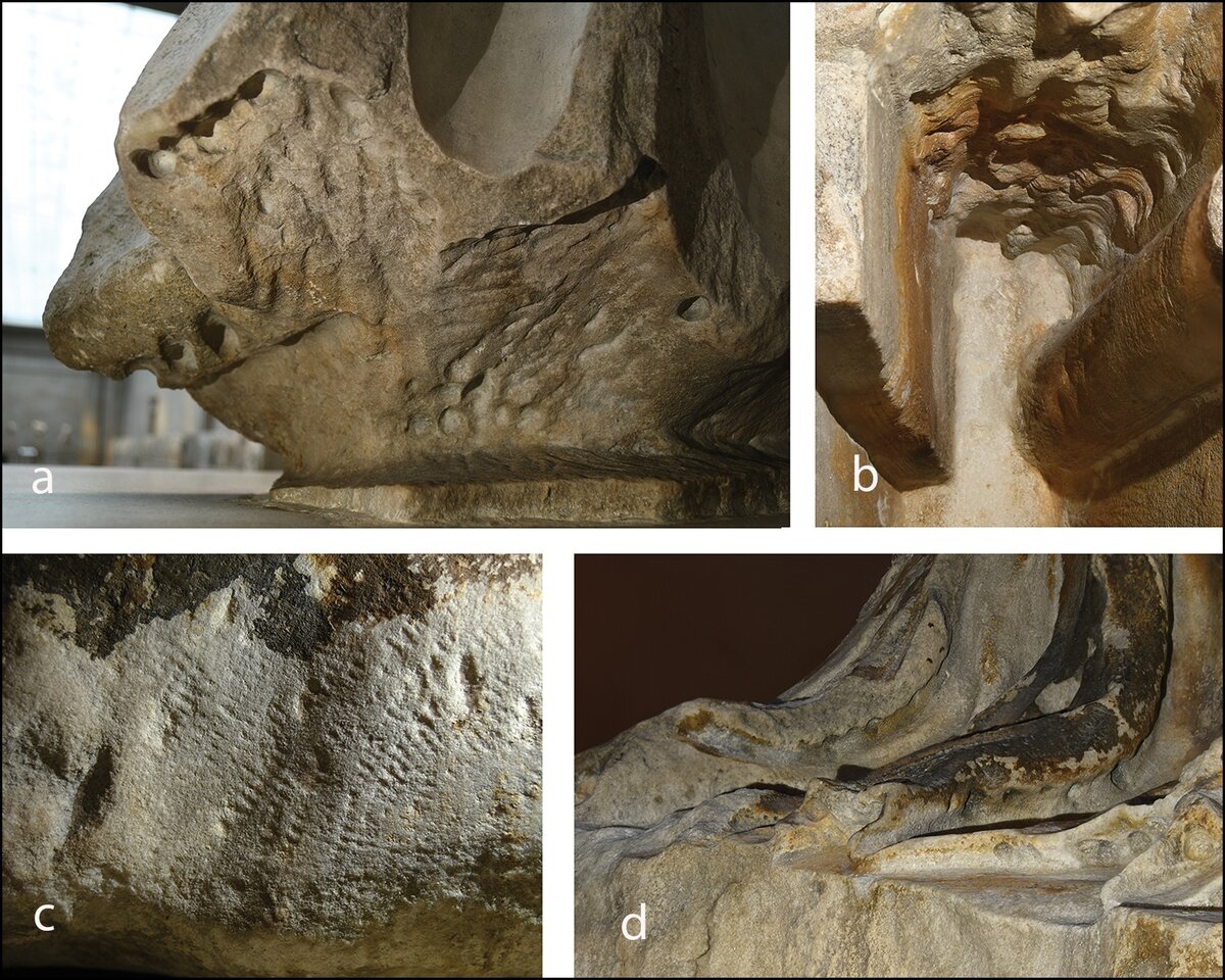 Следы инструментов на скульптуре: a) следы работы зубилом и сверлом.
b) следы работы зубилом
c) следы работы зубчатым инструментом (троянкой)
d) следы сверлений.