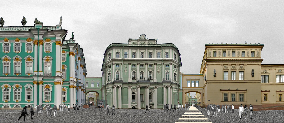 вид с дворцовой площади, слева направо: Зимний дворец, Малый Эрмитаж, Новый Эрмитаж (где Крыльцо с атлантами)