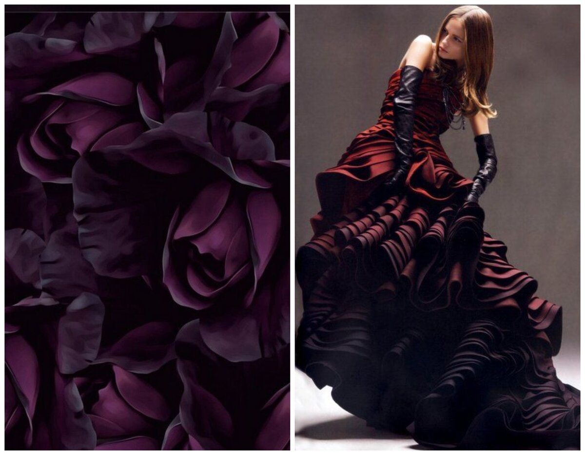 Богатство спектра бордовых и фиолетовых уходящих в чёрный.