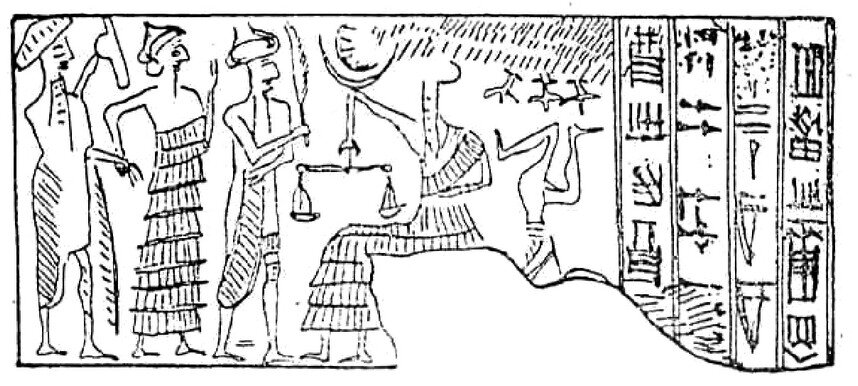 Подписная печать канишского купца с изображением его самого (слева), божества с весами и личных богов-покровителей купца (оттиск). 
Источник: https://historylib.org/historybooks/Olga-Dashevskaya_Pozdnie-skify-v-Krymu/3