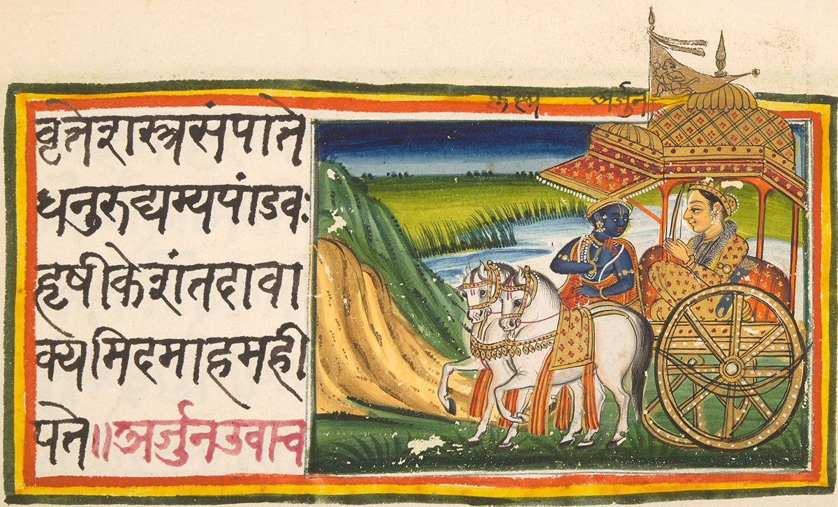 Запись на Санскрите, очень похоже на узелковое письмо. На миниатюре показан Кришна, который был возницей у великого воина Арджуны в знаменитой битве при Курукшетре.