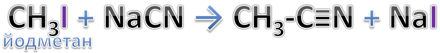 йодметан + цианид натрия