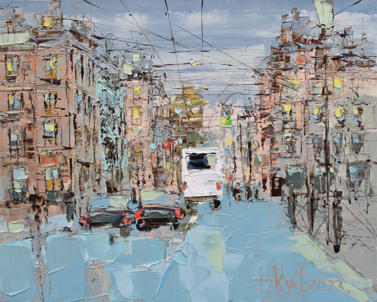 Дмитрий Кустанович. Голубой асфальт и белый автобус, 45х55 см, 2023