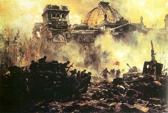 Штурм рейхстага в Берлине, май 1945 г. Там виднеется флаг штурмующих частей, и вроде он не американский, не английский и не французский. Но большинство американцев, англичан, да и французов тоже, до сих пор думают, что в 1945-м Берлин взяли союзники, а не Красная Армия