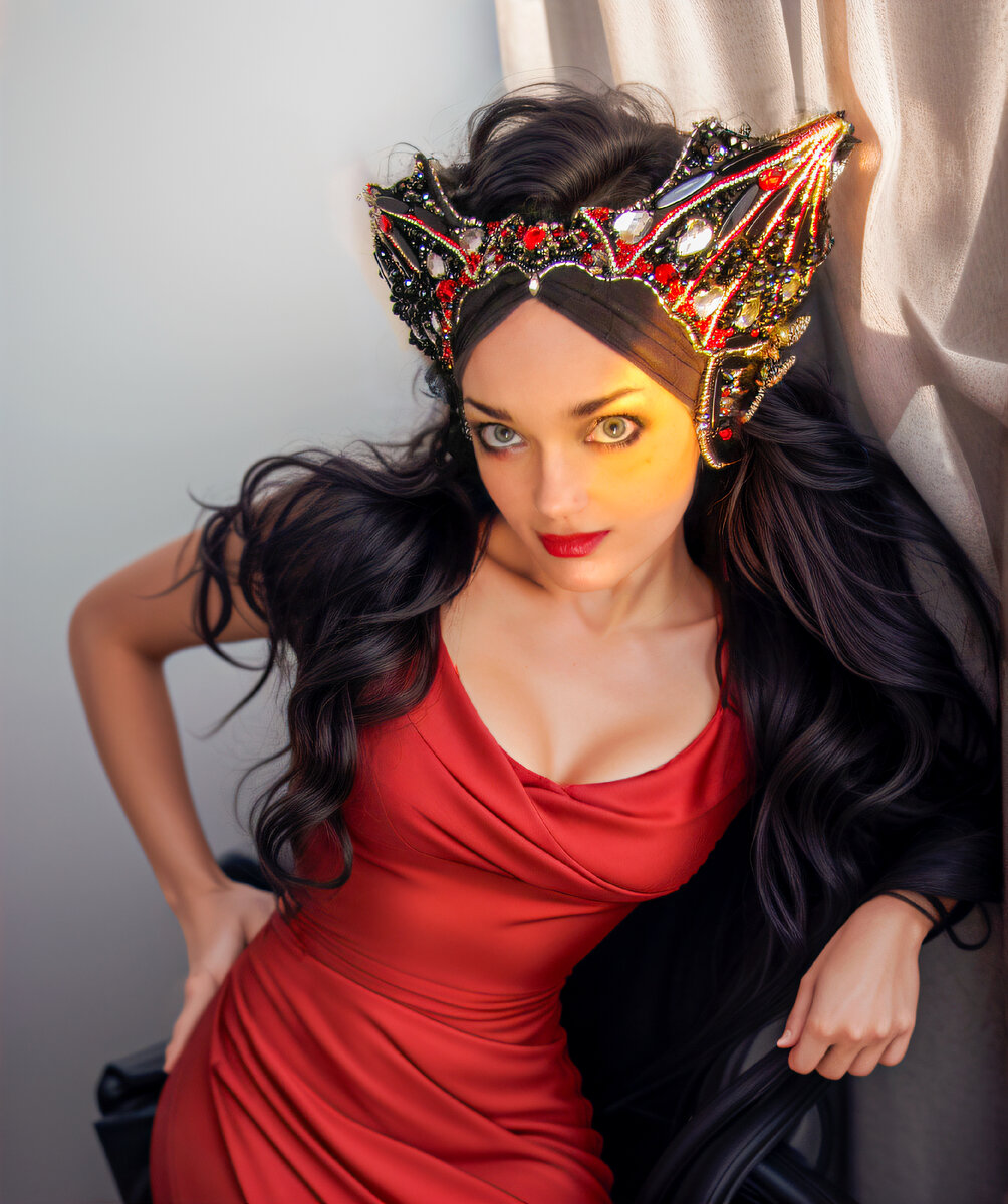 Волосы, платье и правая рука - нарисованы в нейронке. Инпейнтинг. 