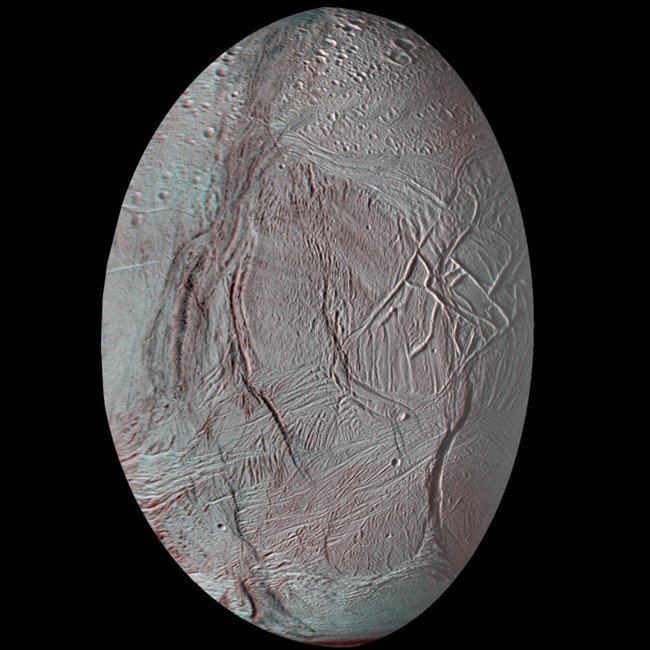     Анаглифическая версия карты Энцелада. Источник: Paul Schenk/USRA-Lunar and Planetary Institute