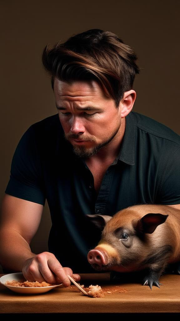 Человек и поросенок вместе за столом