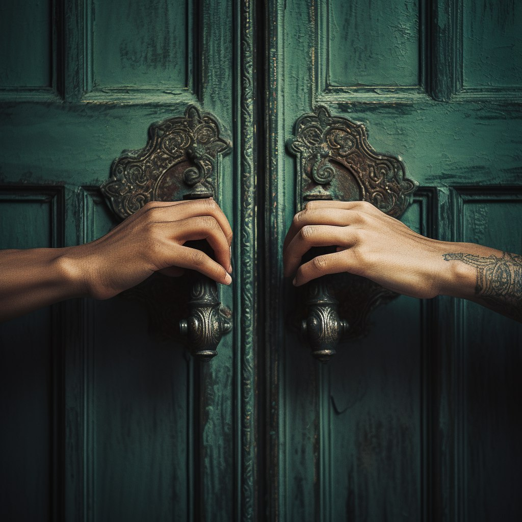 Две разных руки держат ручки дверей