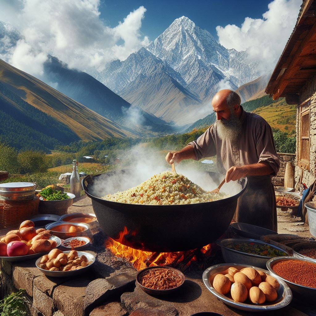 Ошпаз готовит плов в родных горах.