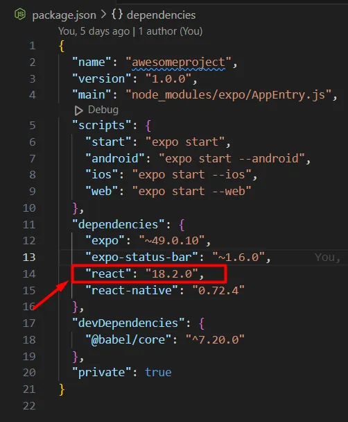 Рис. 1. Файл package.json проекта, созданного для React Native