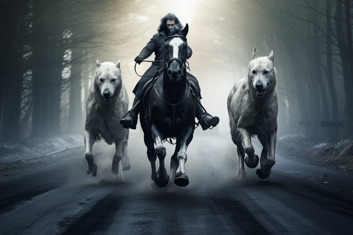 у нейросети нынче явно взрыв всего, что только можно, задание было дано такое: "всадник на белом коне скачет по дороге, рядом с ним бегут две большие черные собаки", ну....а что получилось, вы сами видите:) 