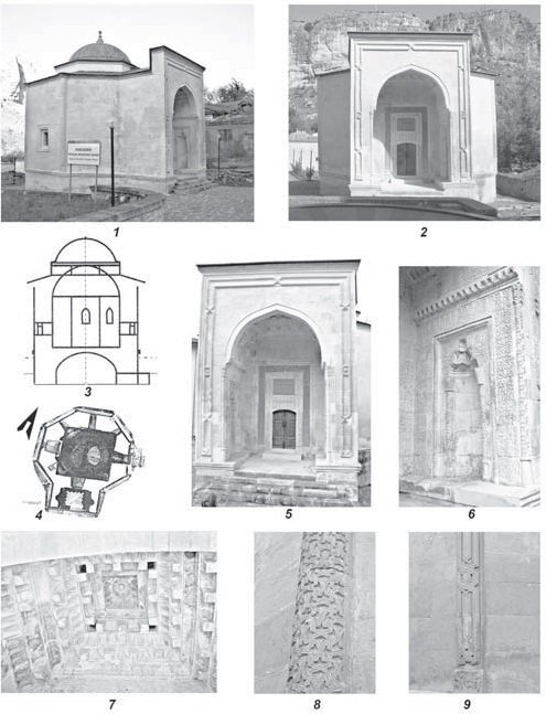 Рис. 44. Мавзолей Хаджи Герая в Салачике: 1—2 — общий вид; 3 — разрез; 4 — план (Н.А. Гаврилюк, А.М. Ибрагимова, 2010); 5 — портал; 6 — стена портала; 7 — ступенчатый кессон портала; 8 — орнамент в виде гириха на угловой колонке; 9 — орнамент в виде сельджукской цепи на угловой колонке (фото автора, 2019 г.). использована realnoevremya.ru иллюстрация из книги «История крымских татар» 