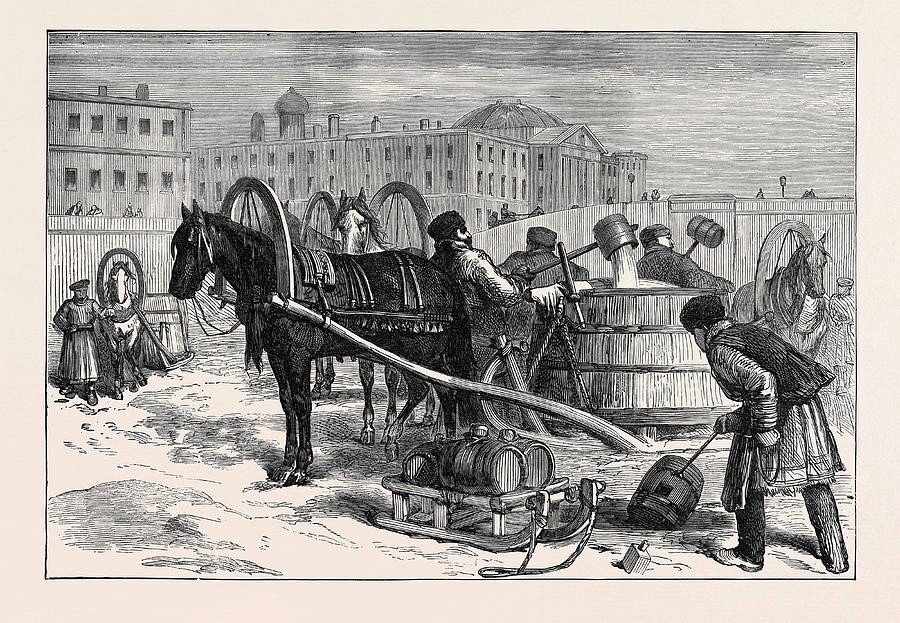 Водовозы наполняют бочки водой. Гравюра