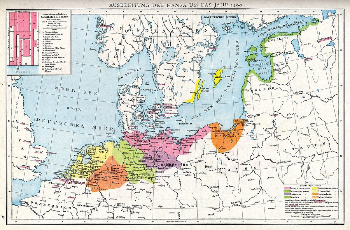 Города-участники Ганзейского союза в 1400 году. Источник: Professor G. Droysens Allgemeiner Historischer Handatlas, by Dr. Richard Andree, 1886.