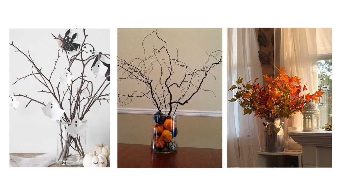 Ветки можно покрыть аэрозольной краской, обмотать цветной пряжей. Можно собрать с листьями (тогда остаётся только найти керамическую вазу), можно дополнить патиссонами или мини-тыквами. 