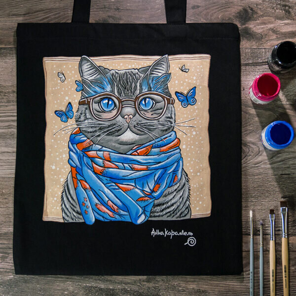 Шоппер Кот в очках с ручной росписью. Работа художника Анна Карамель