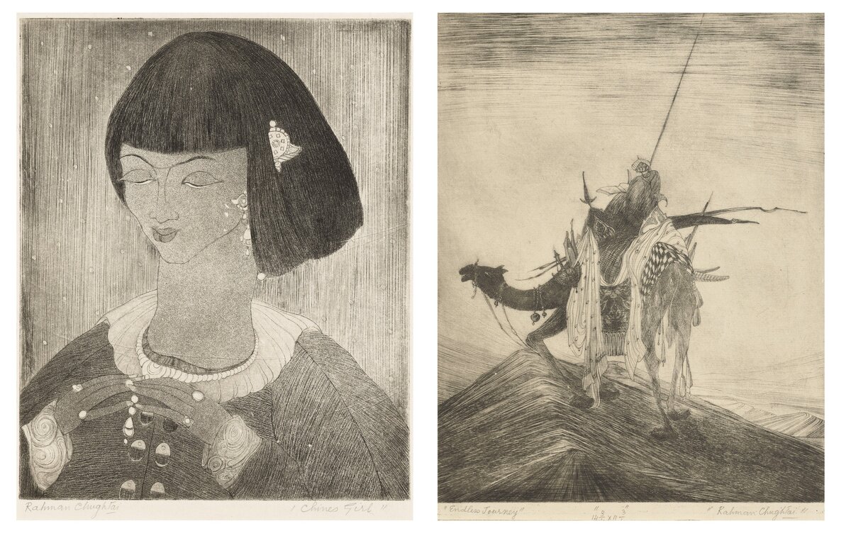 Абдур Рахман Чугтай (1894–1975), «Бесконечное путешествие»; Китаянка. Офорты на бумаге. Продано за 7500 долларов 30 июня 2020 года на Christie's Online.