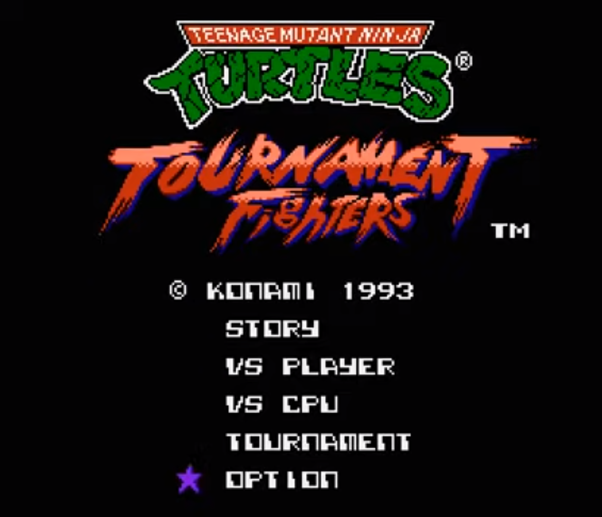 Вот так выглядит главный экран игры Teenage Mutant Ninja Turtles: Tournament Fighters