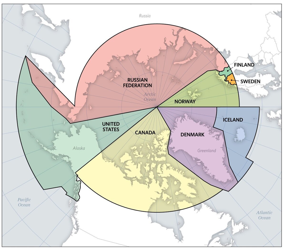 Схематичное распределение национальных зон влияния в Арктике. Листайте, чтобы увидеть границы экономических зон