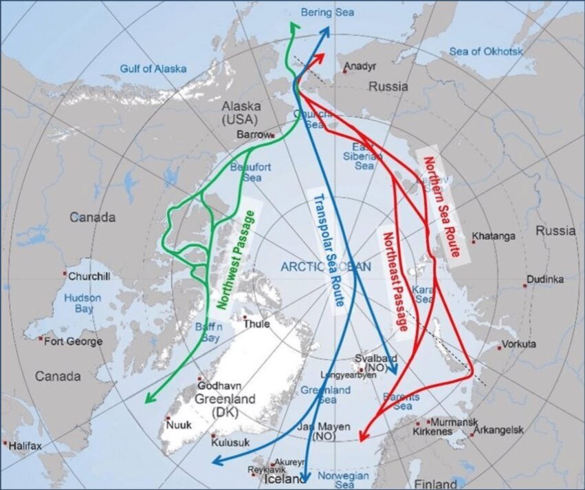 Таяние льдов позволит вскоре ходить с грузами напрямую, причём ТМП на 1 500 км. короче СМП. Первые пробные проводки уже были, нов сопровождении российских ледоколов. 