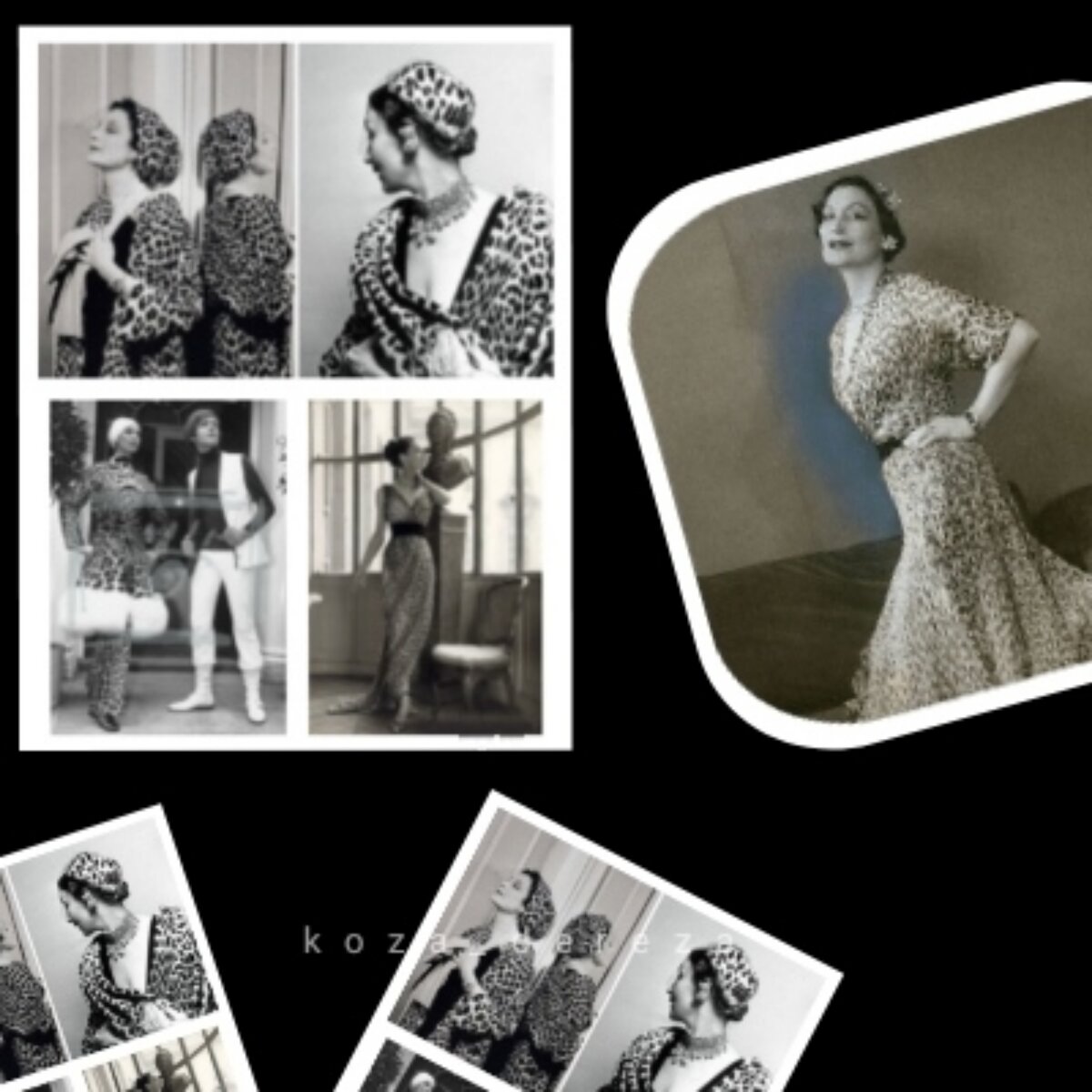 На фото муза Кристиана Диора, Митца Брикар в дебютной коллекции с леопардовым принтом.  Коллаж создан автором статьи с использованием фото из открытых источников, специально для данной публикации 