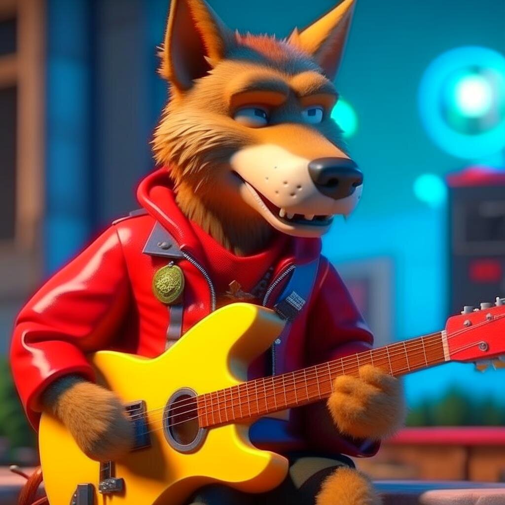 Волк играет на гитаре. Нейросеть Kandinsky 2.2.