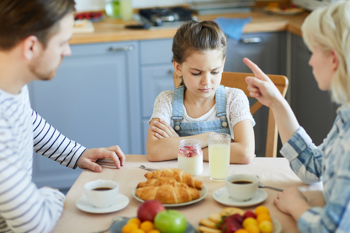 These are parents. Девочка сидит за столом с родителями. Несчастный ребёнок за столом. Ошибки детей. Родители между столом.