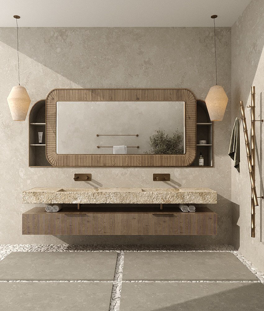 Работа автора блога. Абакумова Светлана. Разработкой мебельной композиции (зеркало в раме, столешница со шкафами/мойдодыр) в данном стиле.  