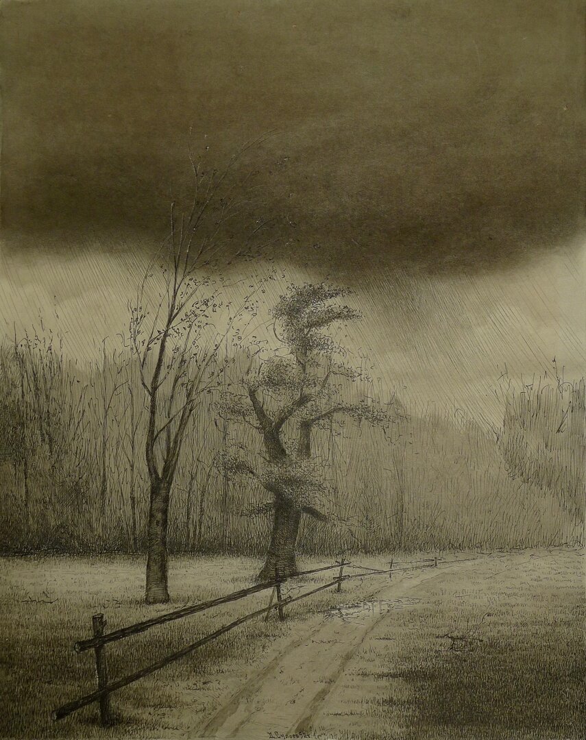 "Дождливая осень", 1952 Бумага тушь 26 х 35 см. Сулоев Дориан Тихонович