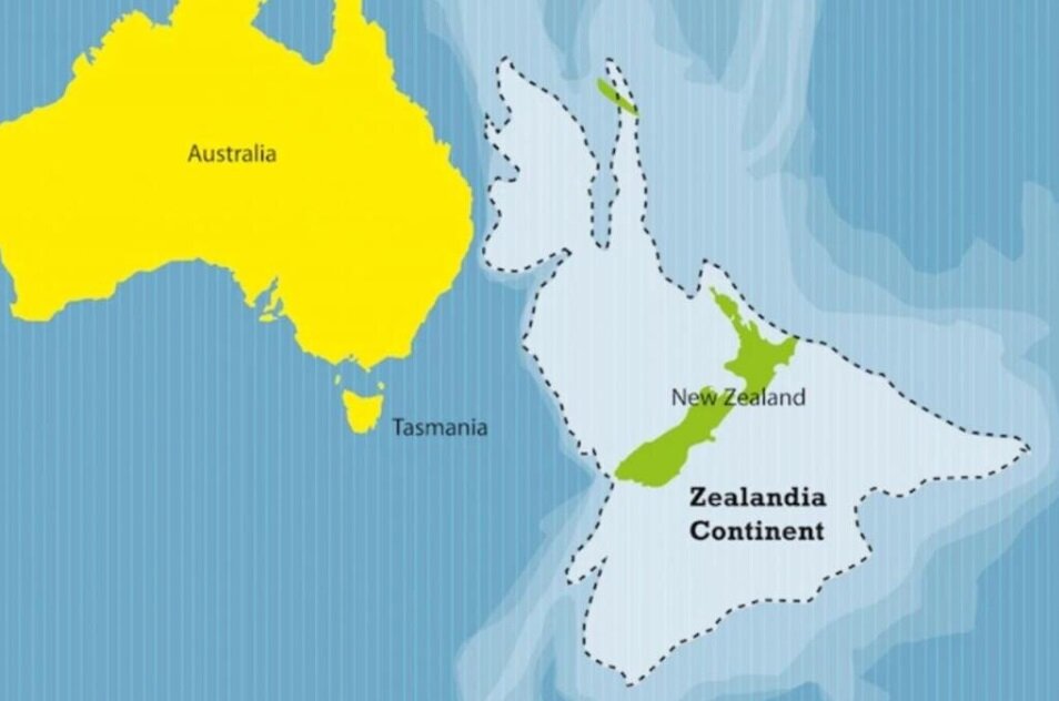 Пунктиром выделен затопленный континент - Зеландия