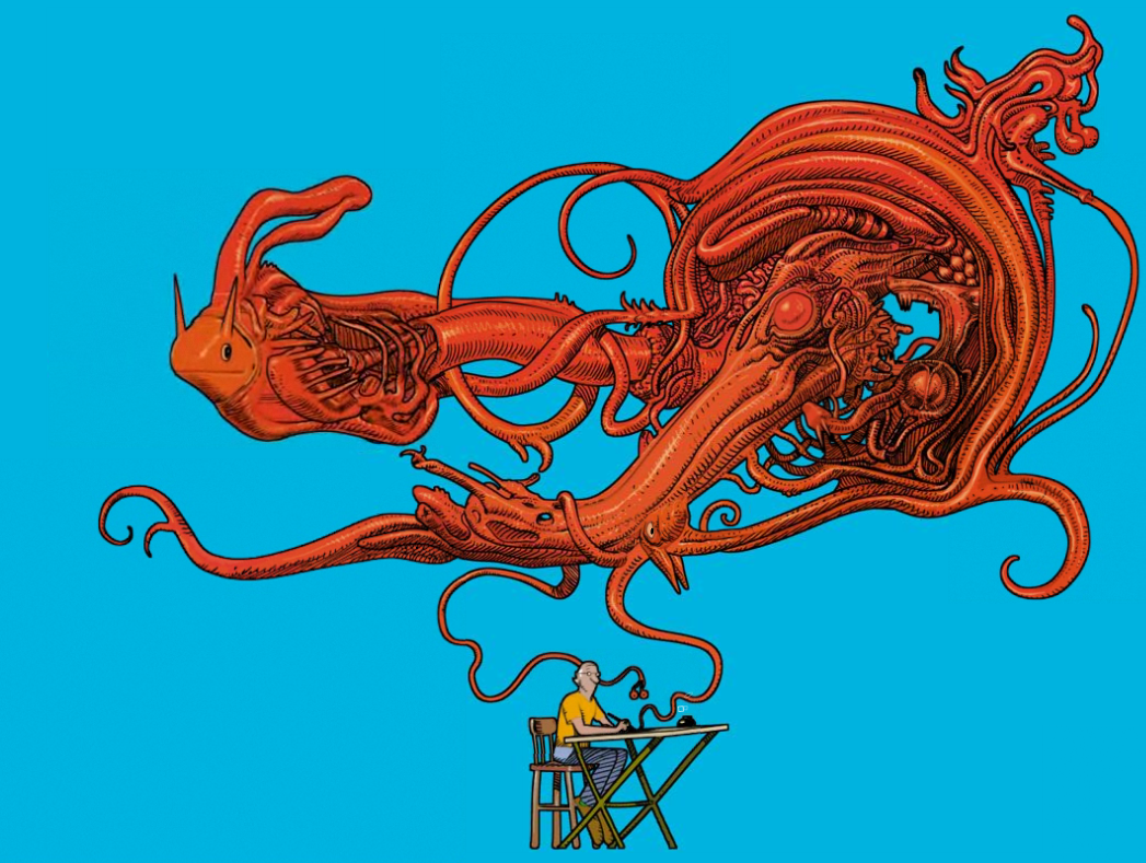 Так он изобразил себя - маленькая фигурка внизу - и своё творчество ))