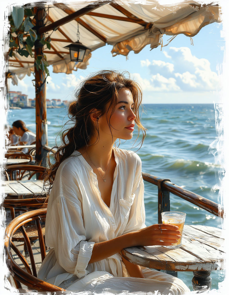 Героиня рассказа, рисунок скретч. Девушка приехала на море.