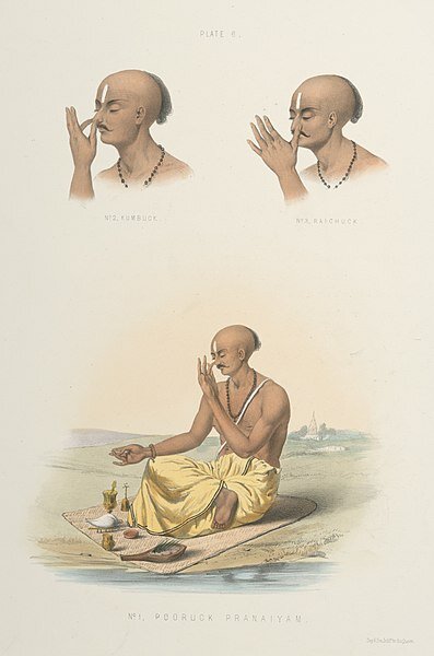 1. Пурака (вдох) 2. Кумбхака (задержка) 3. Речака (выдох). Литография «Контроль дыхания» Изображение: wiki5.ru