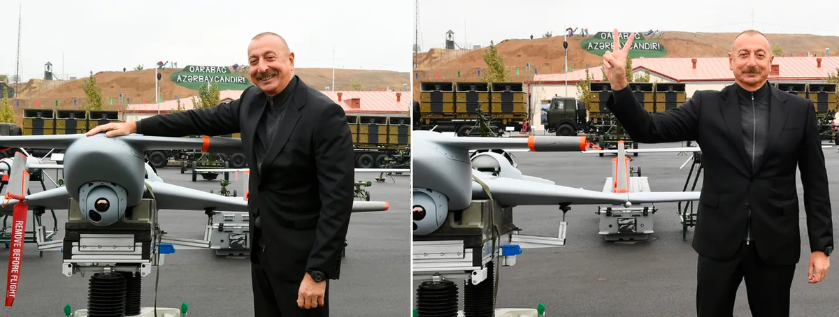 Президент Азербайджана Алиев с израильским дроном-камикадзе "Хароп" (источник, сайт газеты  "Гааарец", фото с сайта president.az