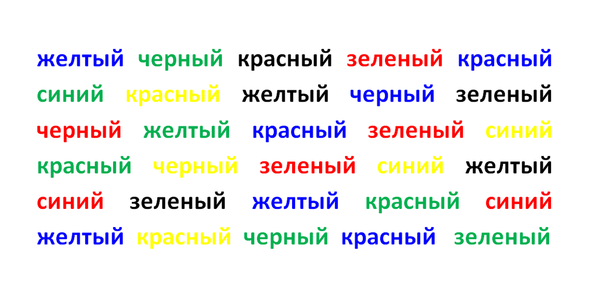 Таблица струпа упражнение на концентрацию внимания. Струп тесты для скорочтения для детей. Слова разного цвета. Цветные слова.