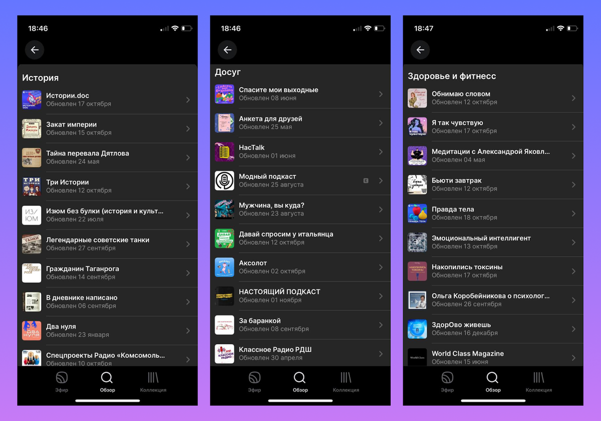 Все подкасты разделены по тематическим блокам — выбирайте сферу, которая вам интересна