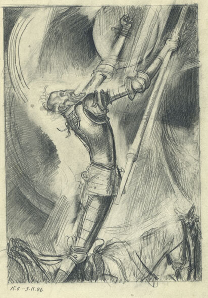 И. Т. Богдеско "Битва с мельницами", 1985-1988 гг. Бумага, карандаш. Частное собрание.