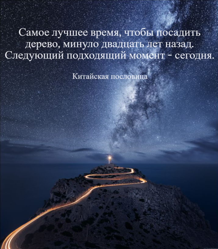 "Самое лучшее время, чтобы посадить дерево, минуло двадцать лет назад. Следующий подходящий момент - сегодня.", - Китайская пословица