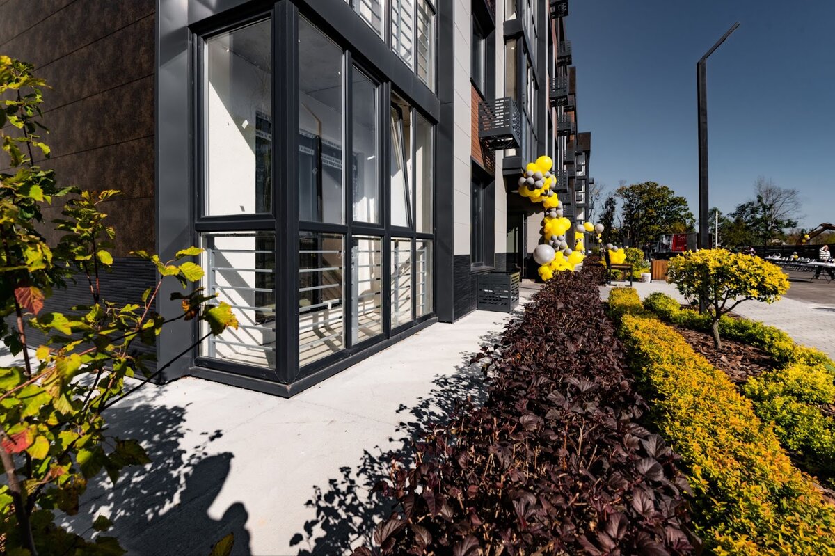 На фотографии часть проекта озеленения клубного дома «Ранетка-2». Кустарники и деревья выглядят декоративно, осенние краски листьев — контрактные и интересные. Но самое главное, что все это: пузыреплодник, спирея, ильм — очень неприхотливые в уходе растения.